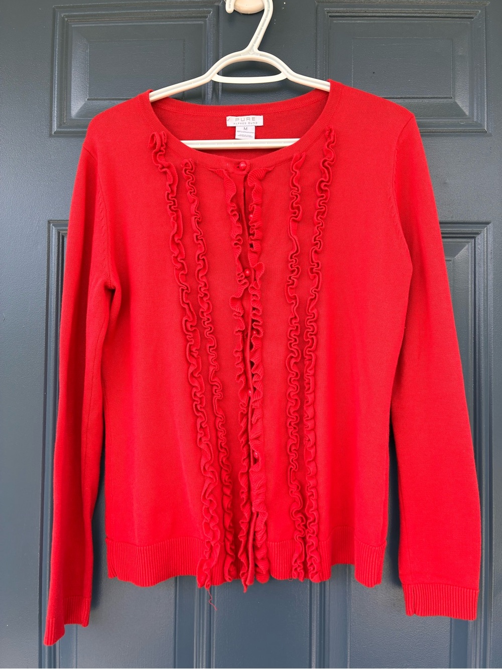ALFRED SUNG Pure Red Ruffle-Front Cardigan; Size Medium;